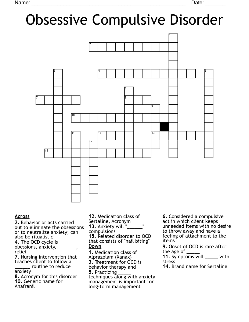 Obsessive Compulsive Disorder Crossword