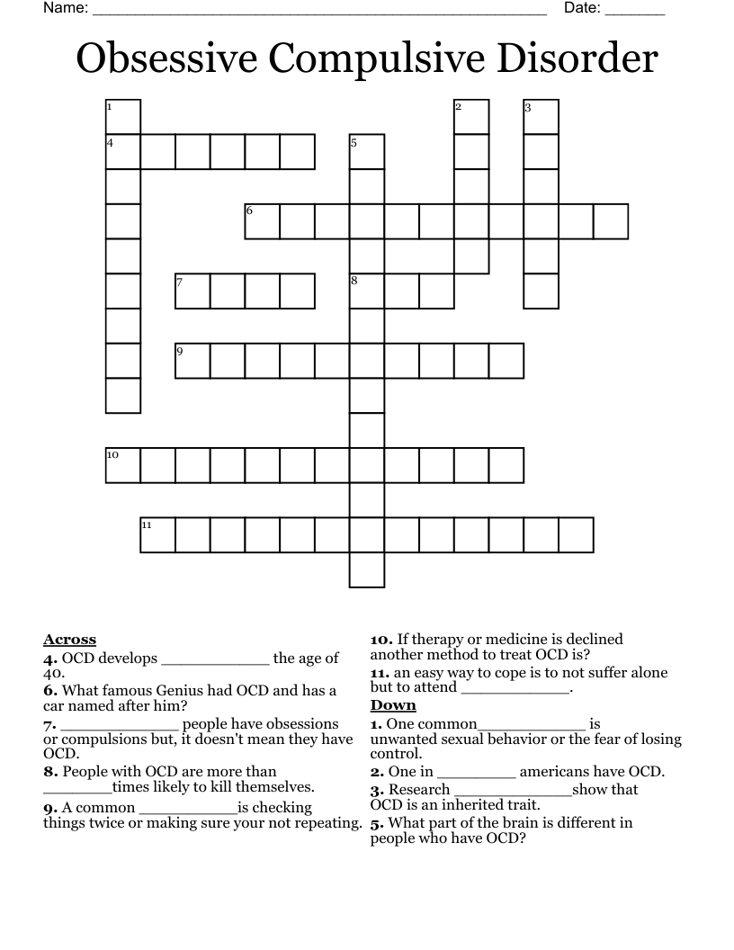 Obsessive Compulsive Disorder Crossword