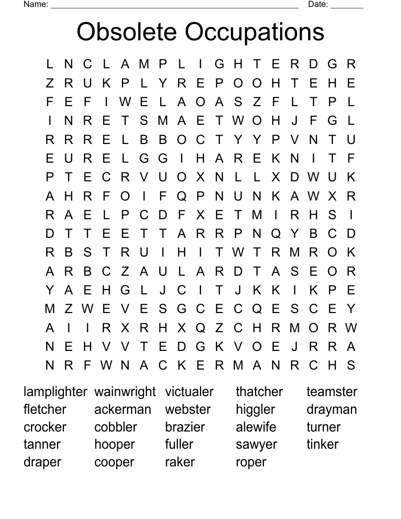 Obsolete Occupations Word Search
