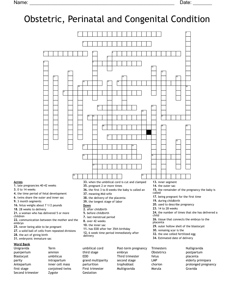 Obstetric, Perinatal and Congenital Condition Crossword