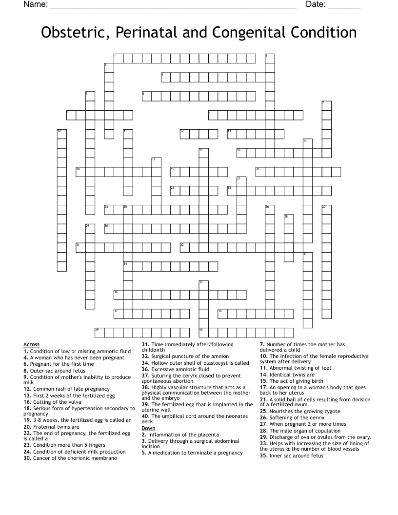 Obstetric, Perinatal and Congenital Condition Crossword