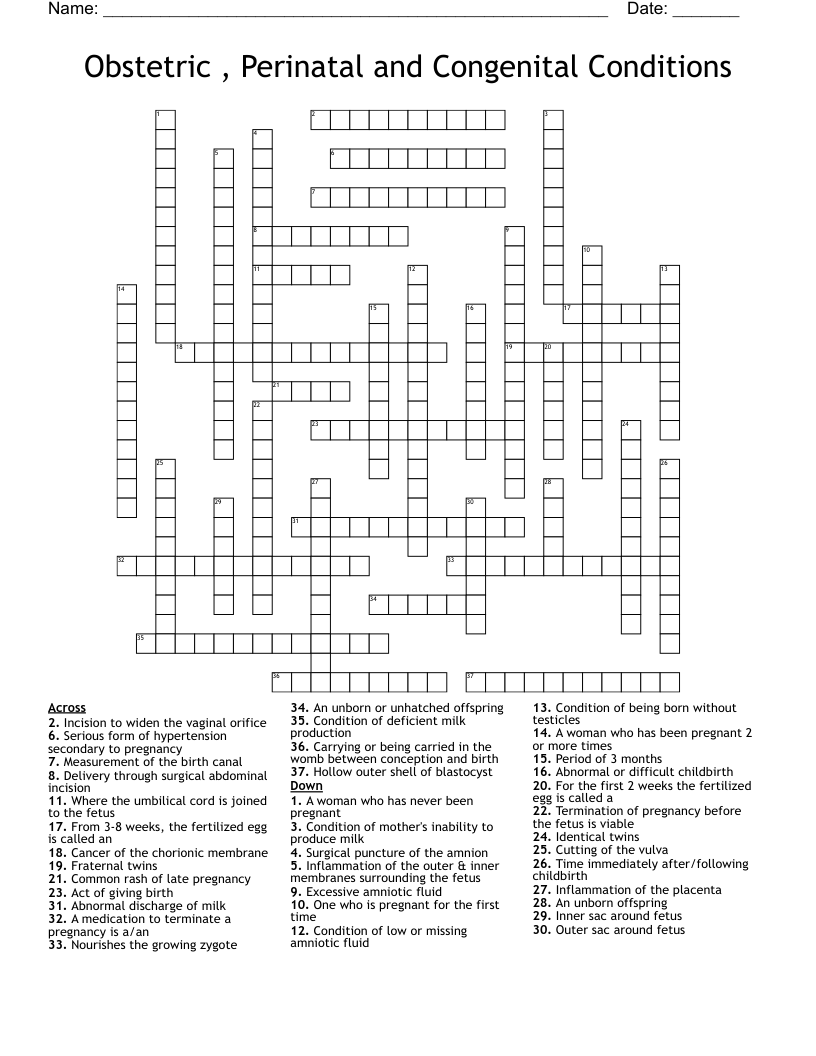 Obstetric , Perinatal and Congenital Conditions Crossword