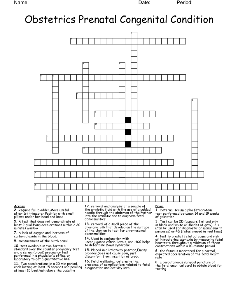 Obstetrics Prenatal Congenital Condition Crossword
