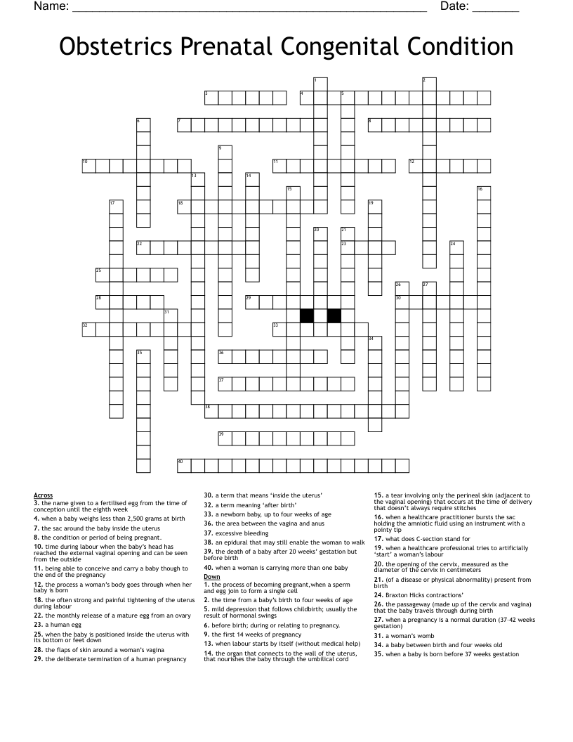 Obstetrics Prenatal Congenital Condition Crossword