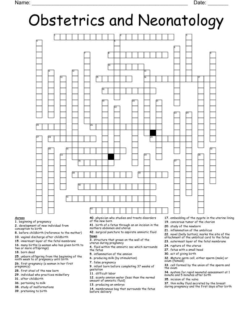 Obstetrics and Neonatology  Crossword