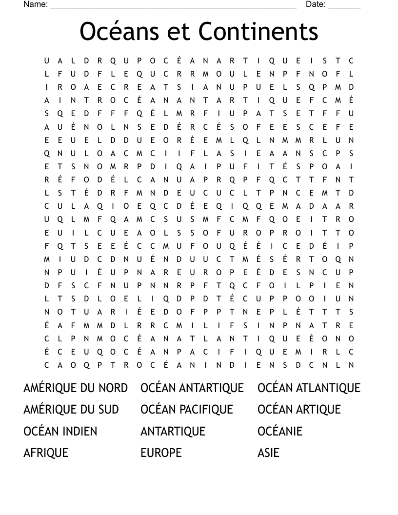 Océans et Continents  Word Search