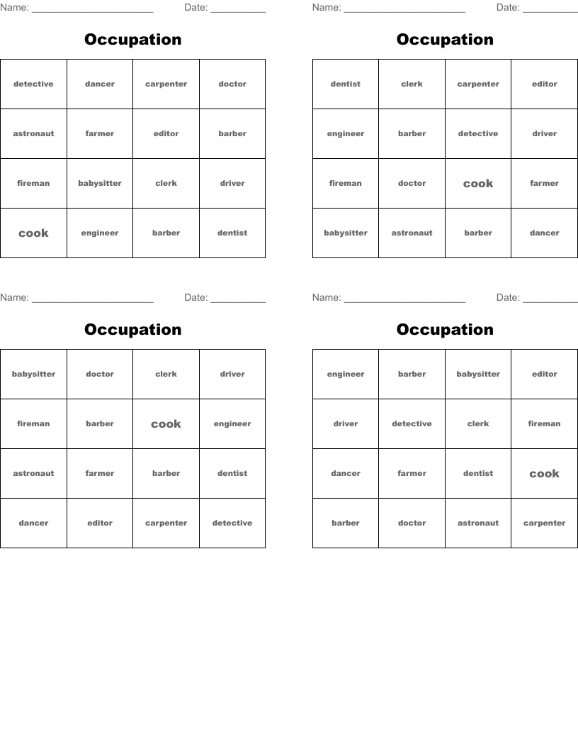 Occupation Bingo Cards