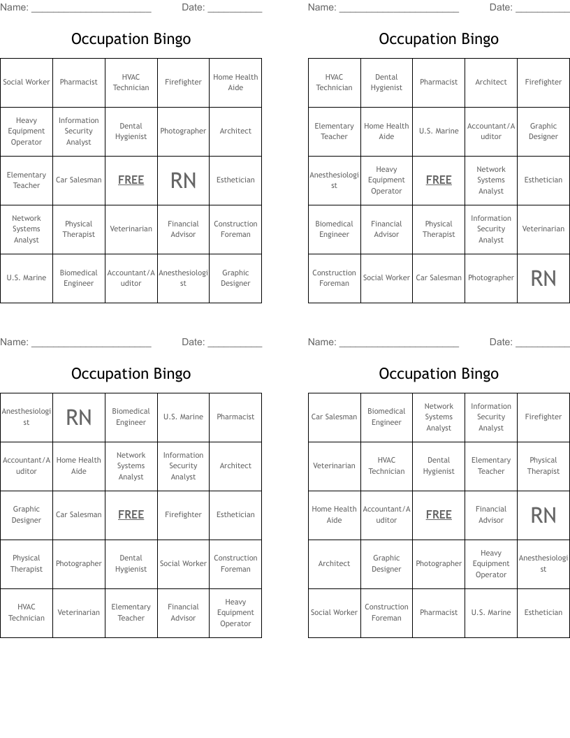 Occupation Bingo