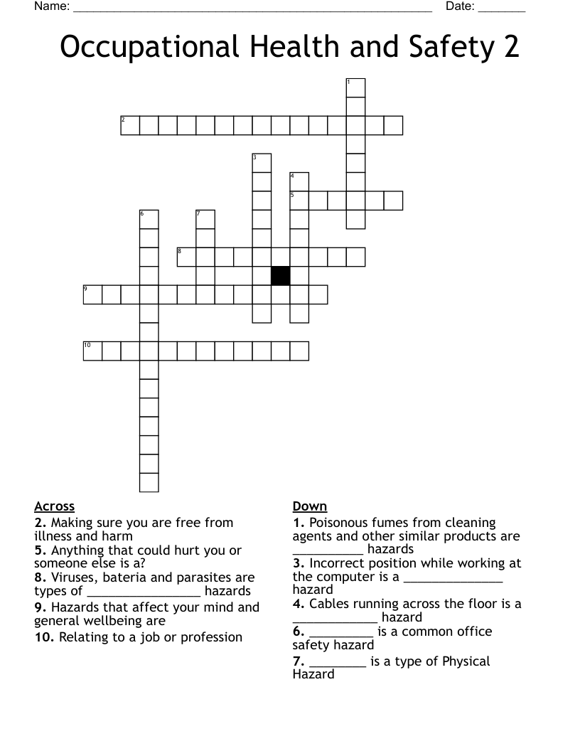 Occupational Health and Safety 2 Crossword