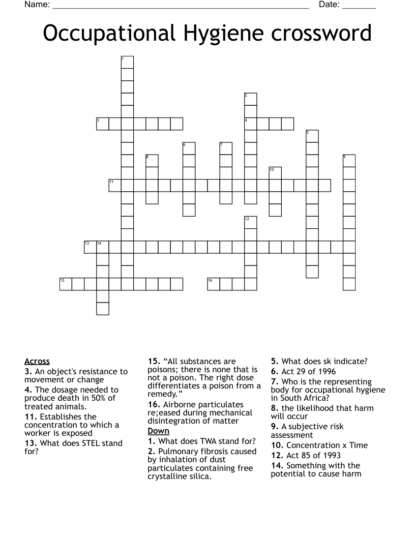 Occupational Hygiene crossword