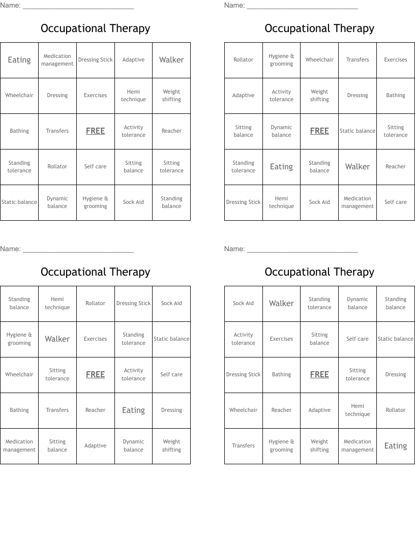Occupational Therapy Bingo Cards