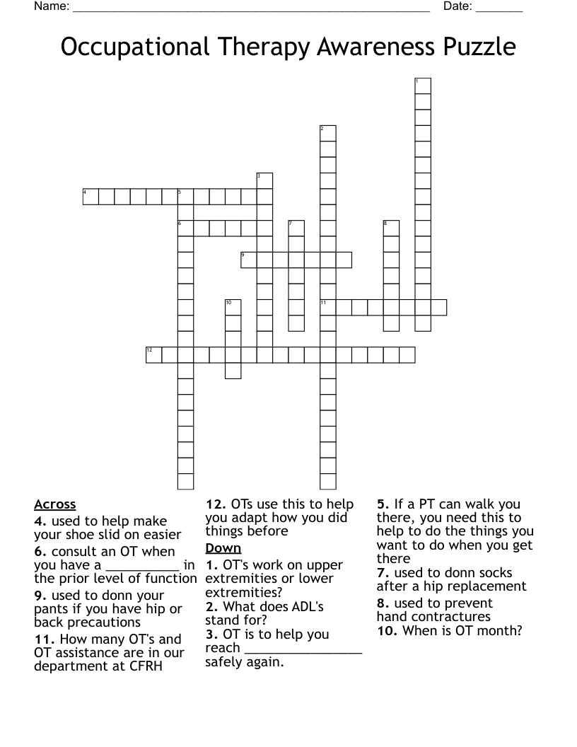 Occupational Therapy Awareness Puzzle Crossword