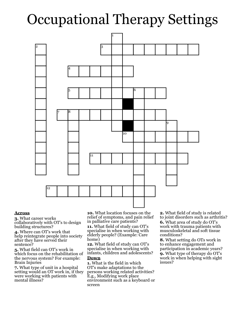 Occupational Therapy Settings  Crossword