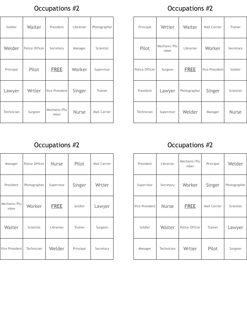 Occupations #2 Bingo Cards