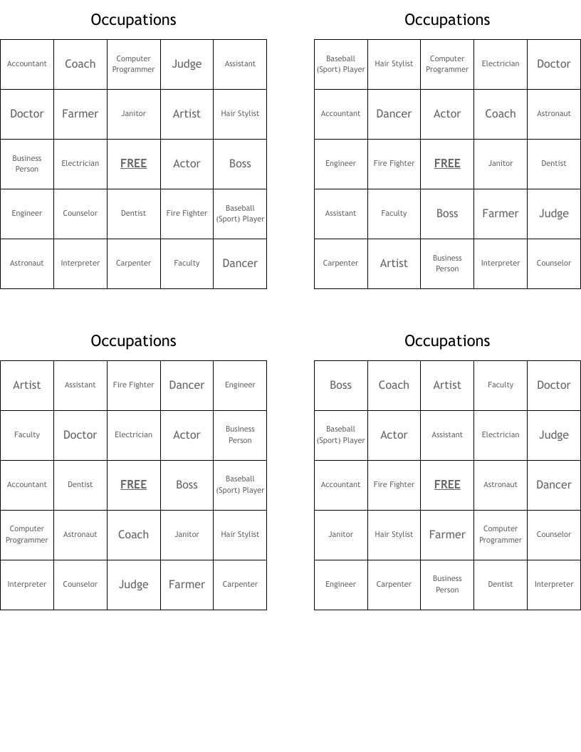 Occupations Bingo Cards