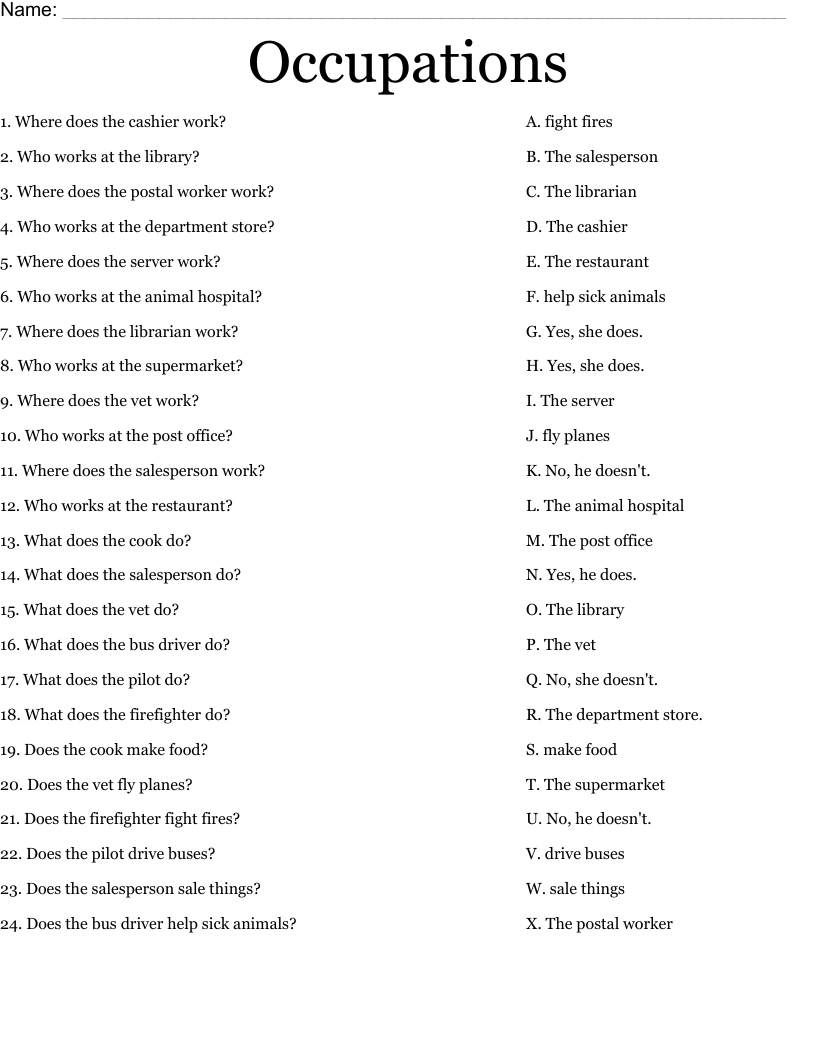Occupations Worksheet