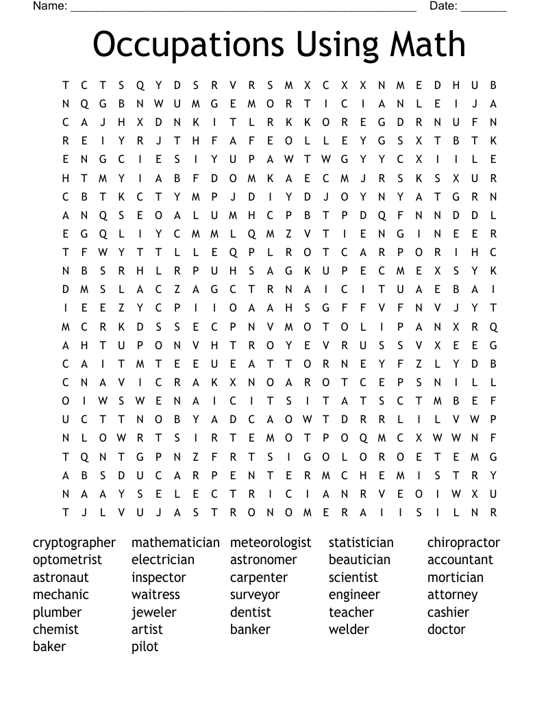Occupations Using Math Word Search