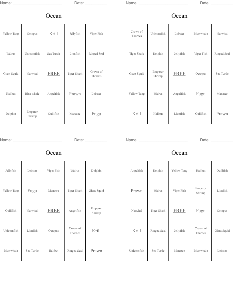 Ocean Bingo Cards
