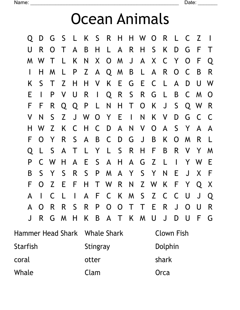 Ocean Animals Word Search