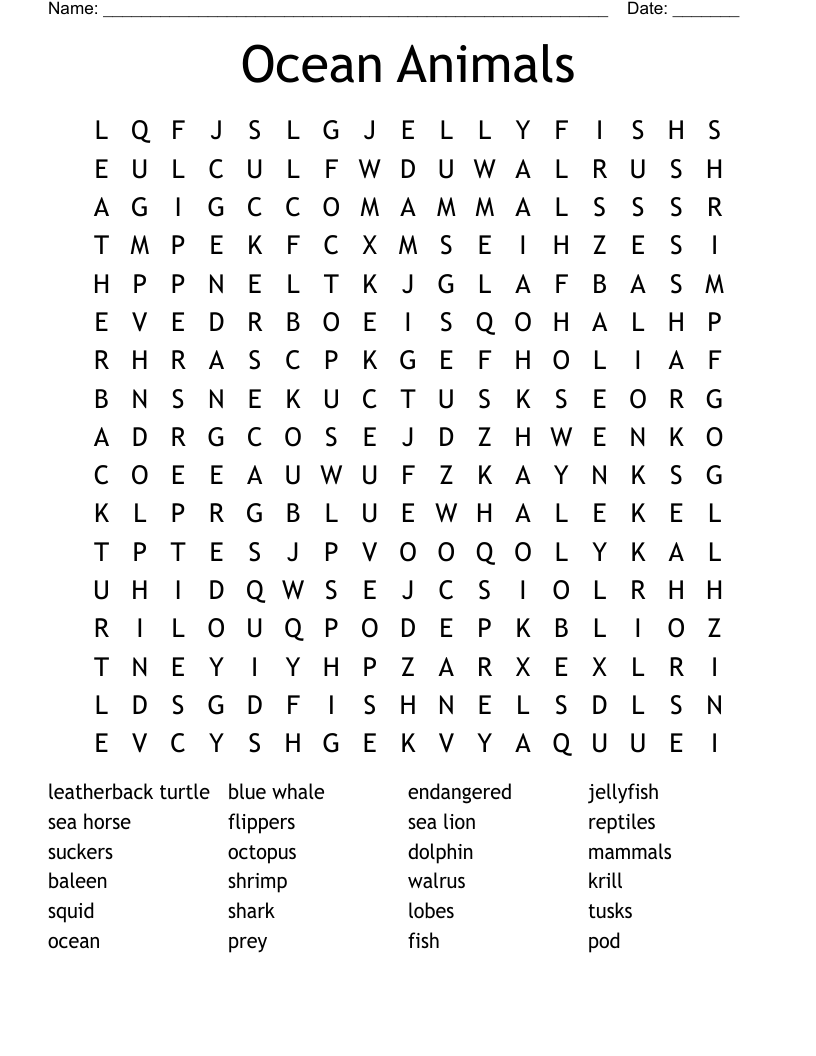 Ocean Animals Word Search