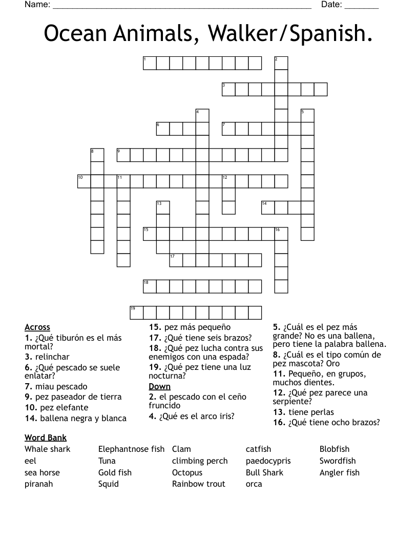 Ocean Animals, Walker/Spanish. Crossword
