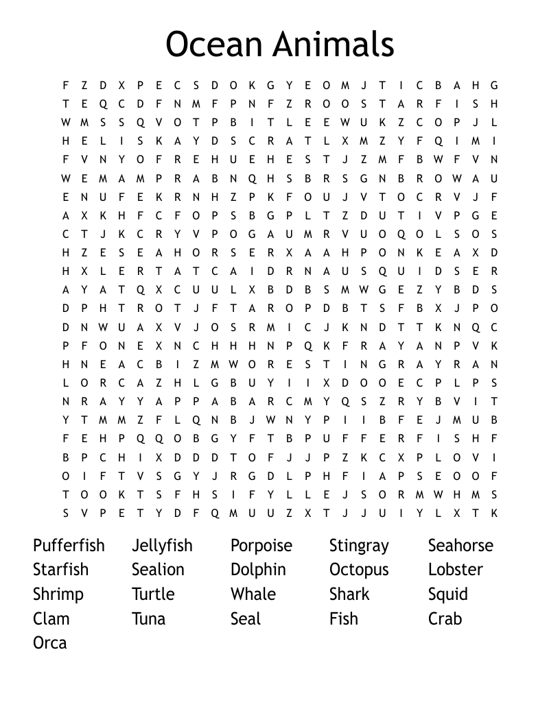 Ocean Animals  Word Search