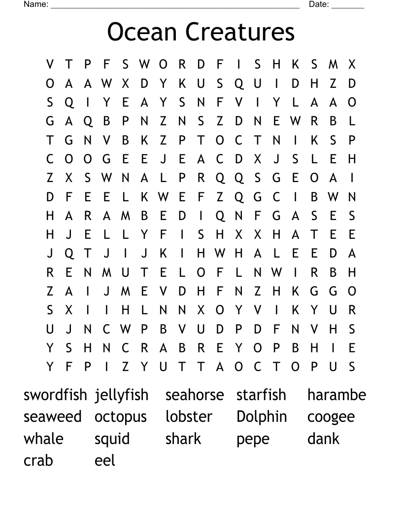 Ocean Creatures Word Search