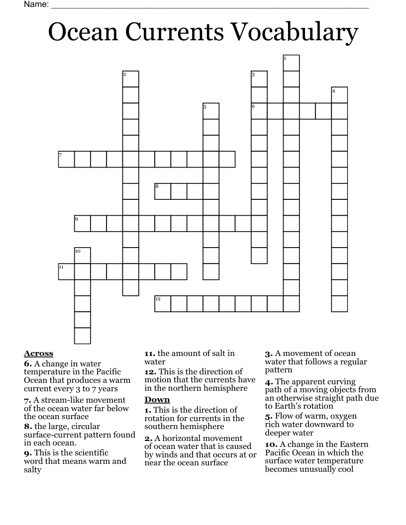 Ocean Currents Vocabulary Crossword