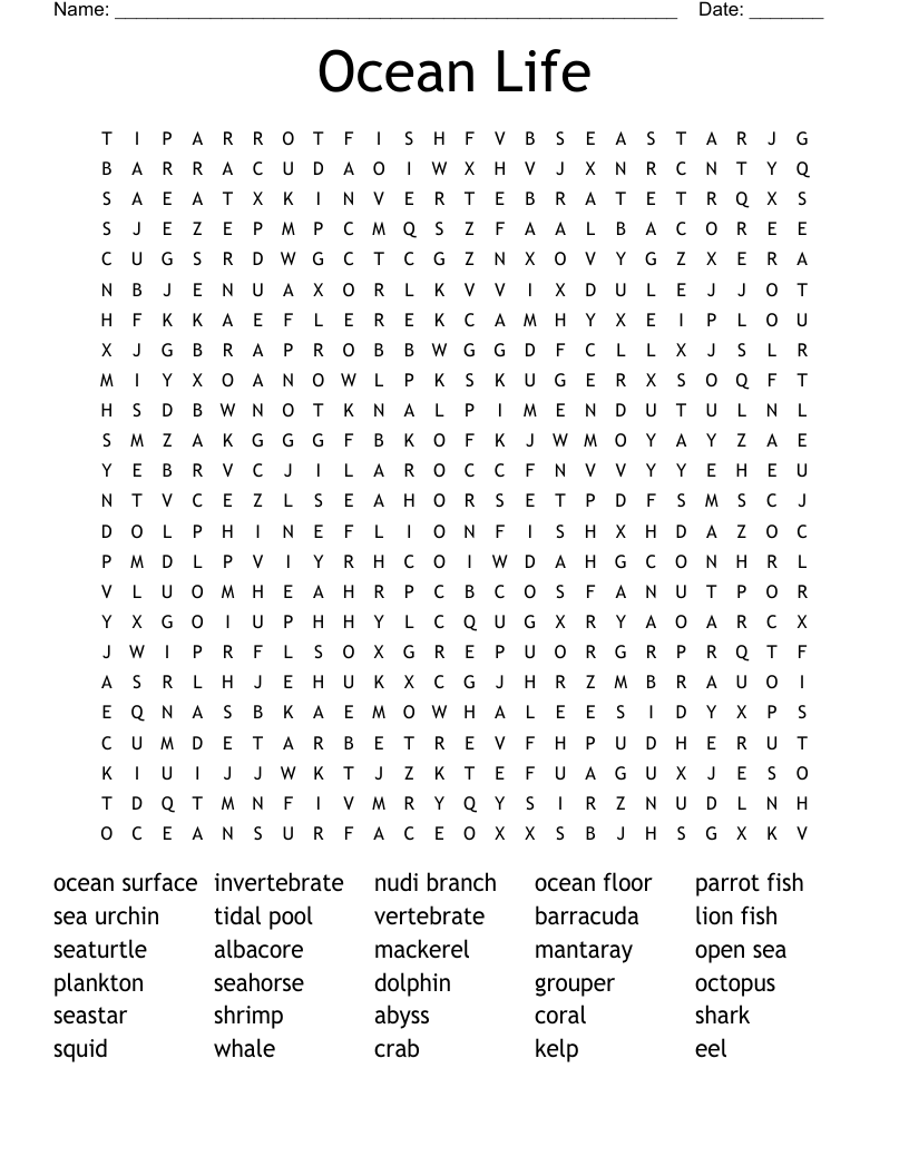 Ocean Life Word Search
