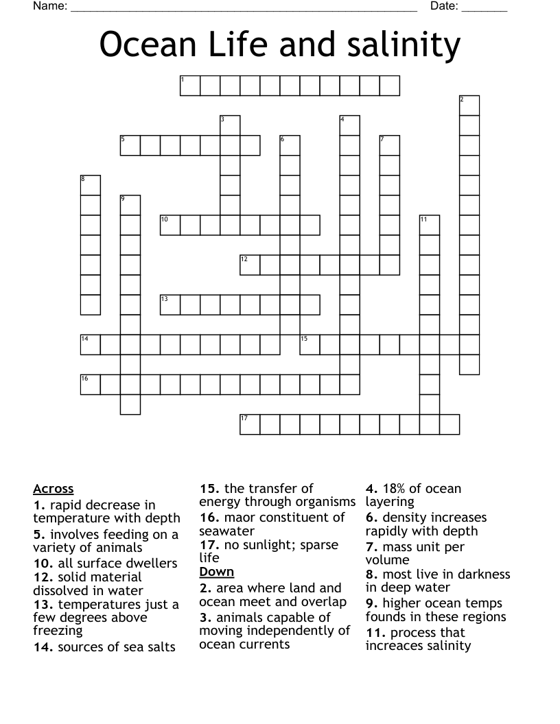 Ocean Life and salinity Crossword