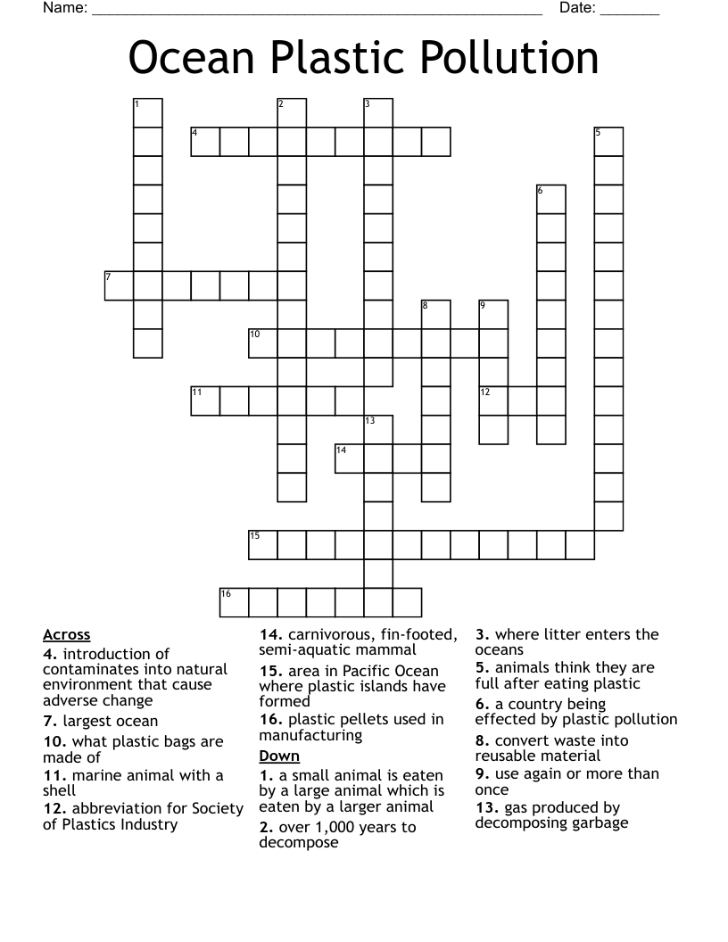 Ocean Plastic Pollution  Crossword