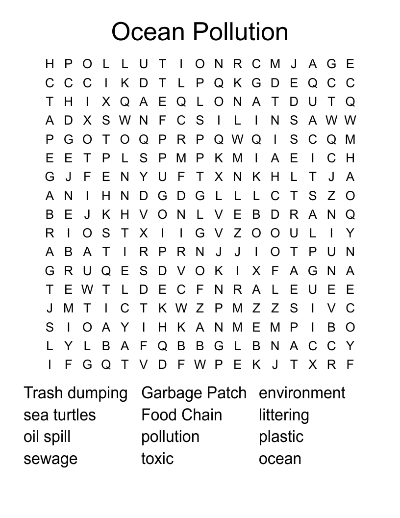 Ocean Pollution Word Search