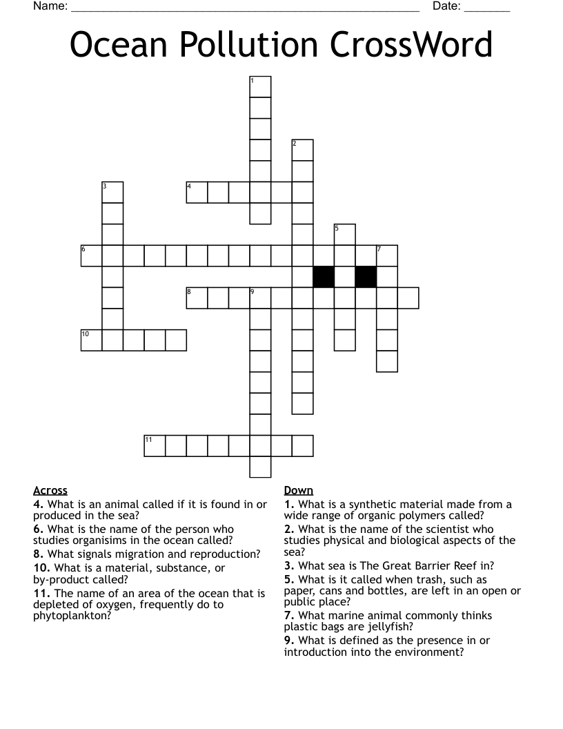 Ocean Pollution CrossWord