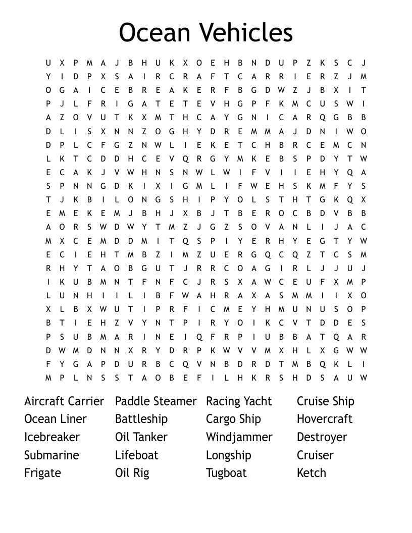 Ocean Vehicles Word Search