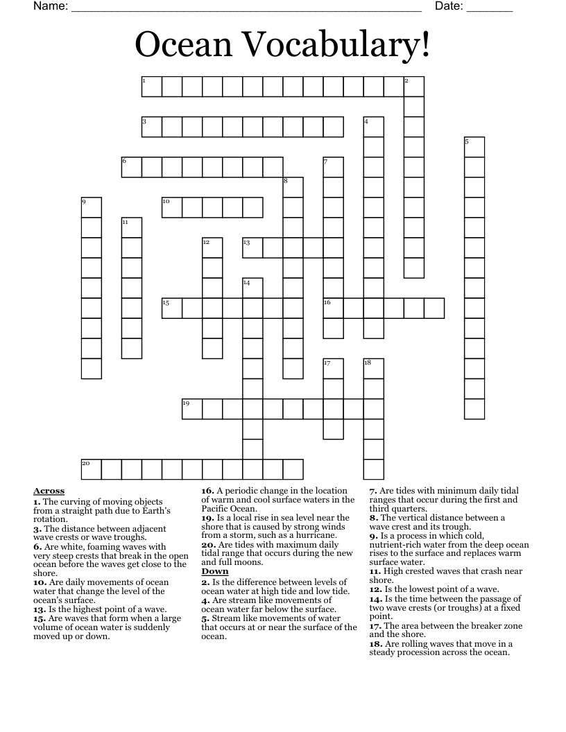 Ocean Vocabulary! Crossword