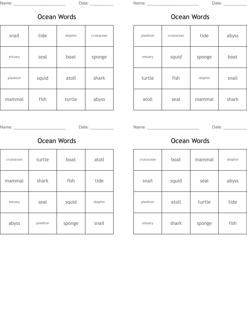 Ocean Words Bingo Cards