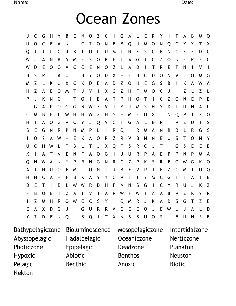 Ocean Zones Word Search