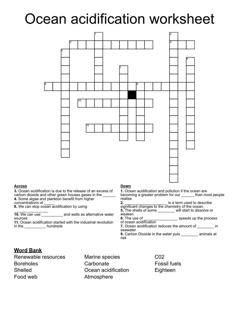Ocean acidification worksheet Crossword