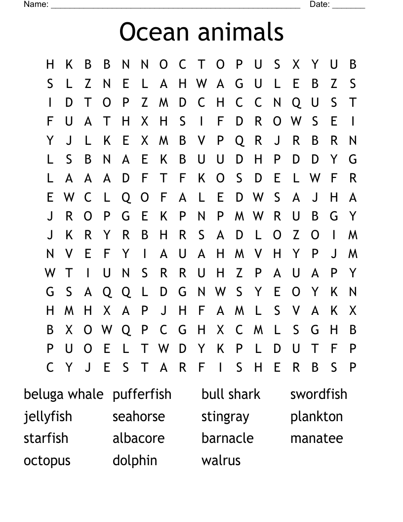 Ocean animals Word Search