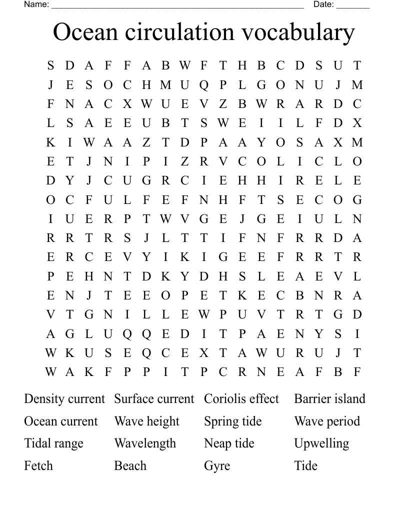 Ocean circulation vocabulary Word Search