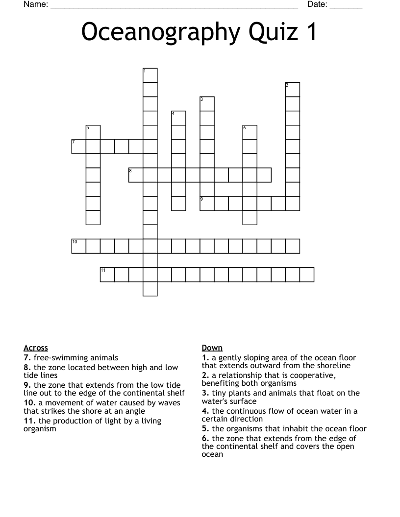 Oceanography Quiz 1 Crossword