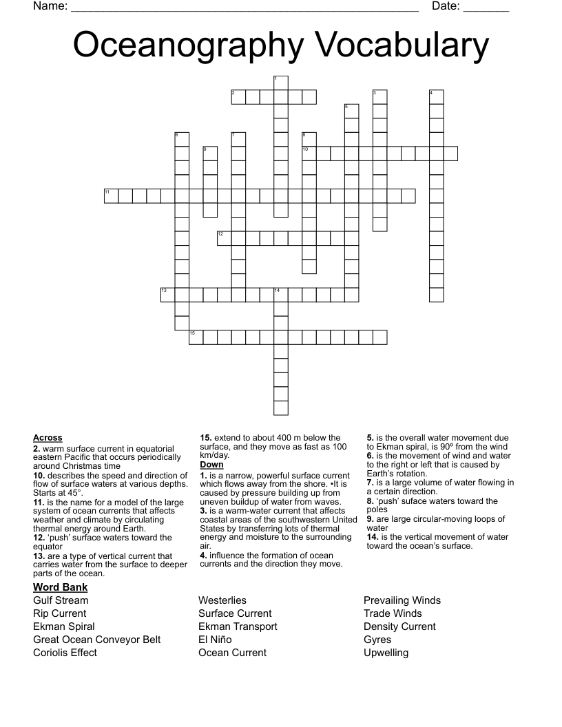 Oceanography Vocabulary Crossword
