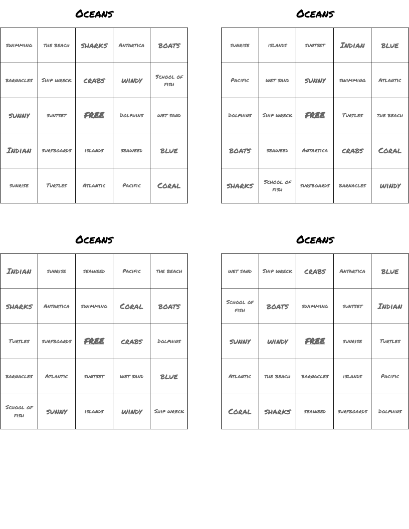Oceans Bingo Cards