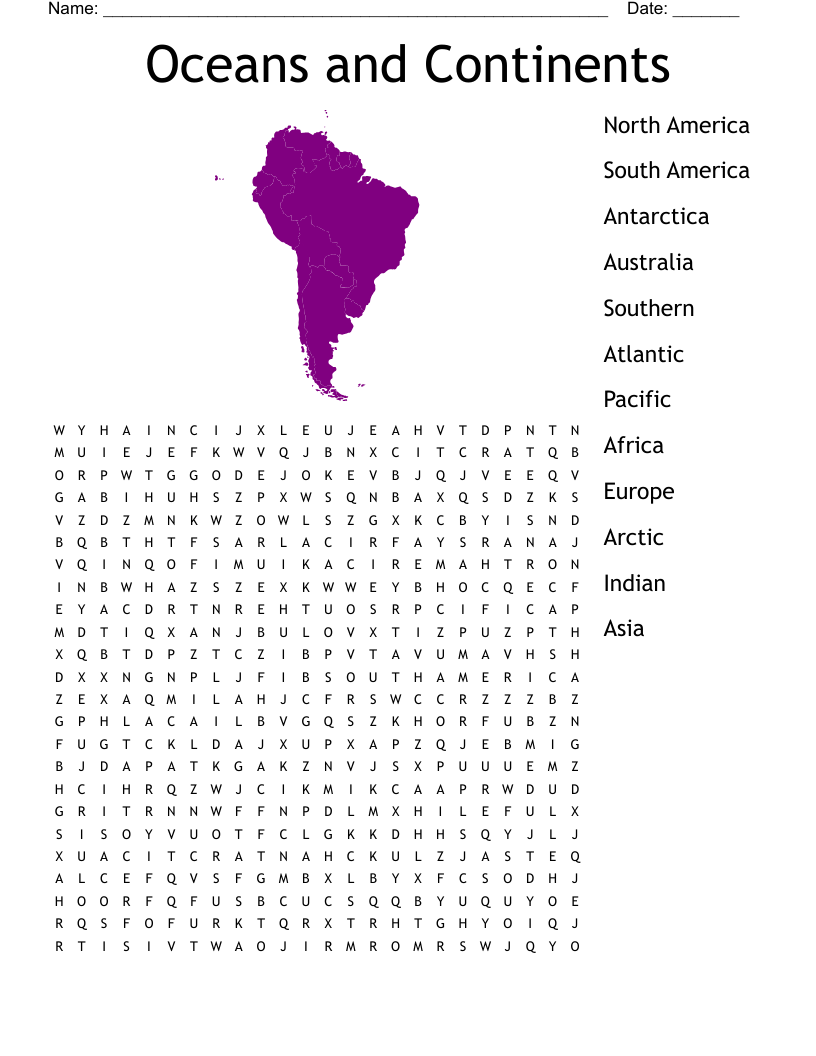 Oceans and Continents Word Search