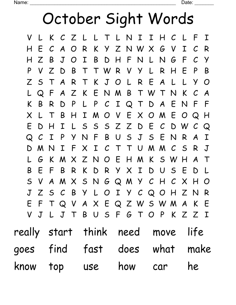 October Sight Words Word Search