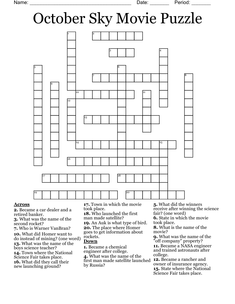 October Sky Movie Puzzle Crossword