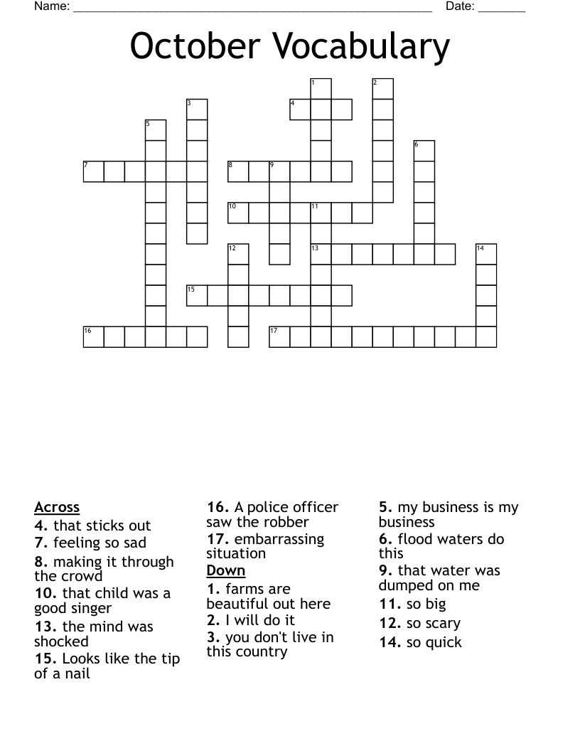 October Vocabulary Crossword