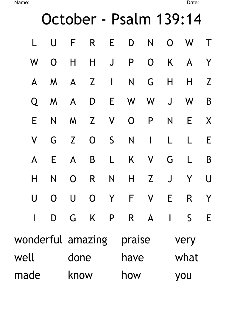 October - Psalm 139:14 Word Search