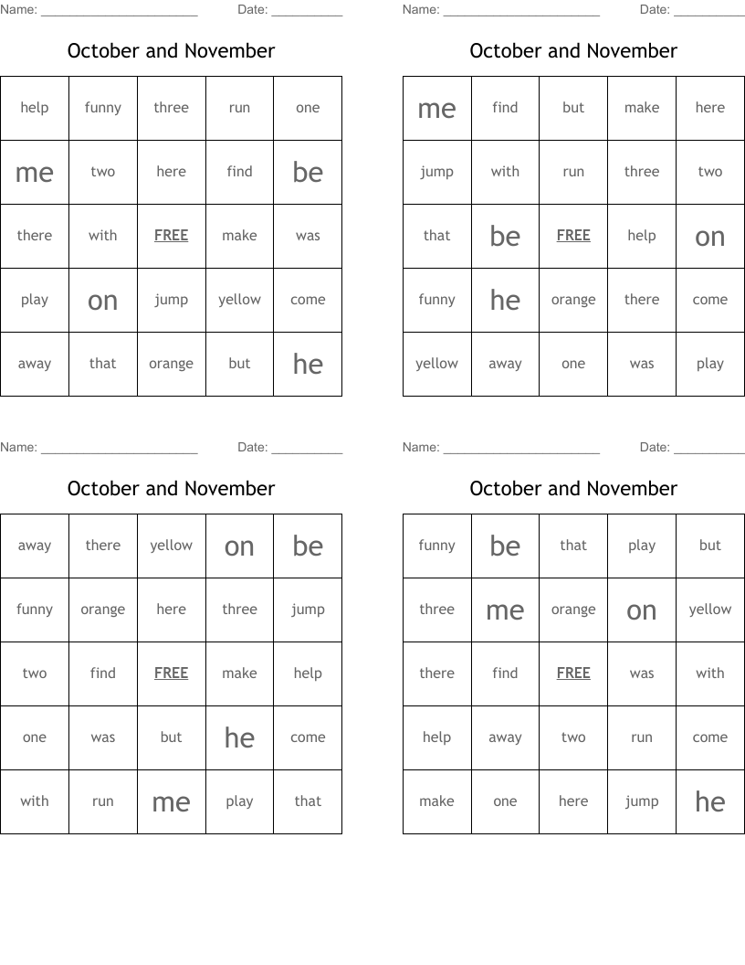 October and November Bingo Cards