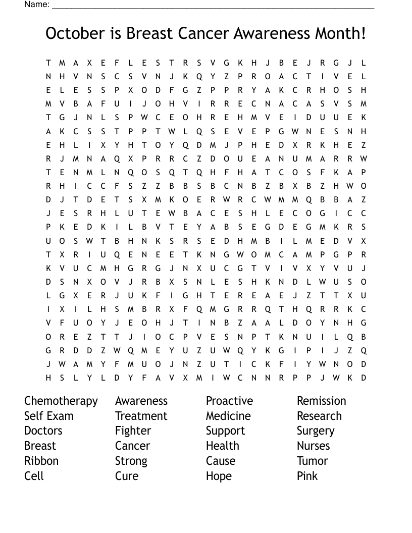 October is Breast Cancer Awareness Month!  Word Search